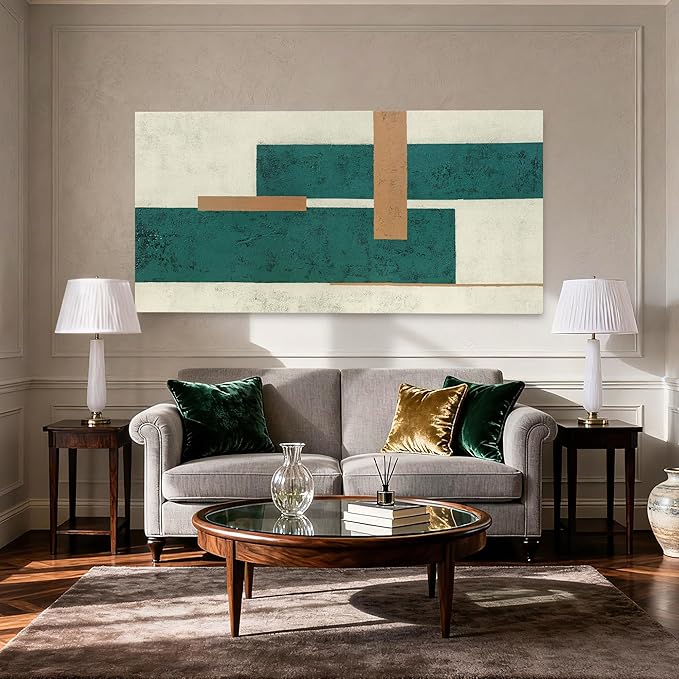 YETHEN WAL Teal Green Abstract Canvas Wall Art Geometric Textured Wall Decor - Image 5