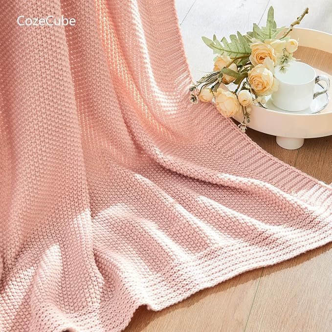 CozeCube Pink Throw Blanket for Couch, Soft Cozy Cable Knit Throw for Bed Sofa - Image 5