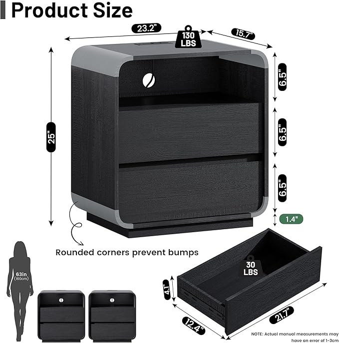 Black Nightstand with Charging Station, Modern End Table with 2 Storage Drawers - Image 3