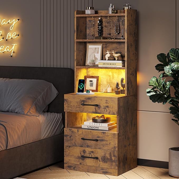 VIAGDO Tall Nightstand with Charging Station and LED Lights, Rustic Brown Night - Image 7