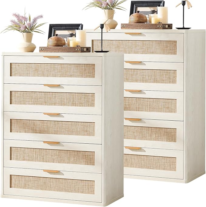 LEYAOYAO Rattan Dresser for Bedroom Set 2, Modern 5 Drawers Boho Dressers by LEYAOYAO-Findtheshiningpointofyourideallife%EF%BC%81
