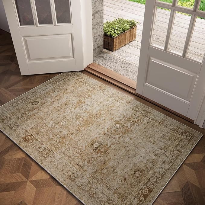 Washable 3x5 Entryway Rug, Boho Non-Slip Vintage Distress Small Rugs by Hedwior