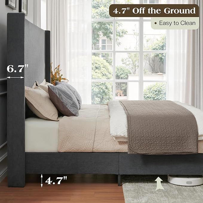 King Bed Frame with 65" Tall Headboard, Horizontal Fine Corduroy Bed Frame with - Image 5
