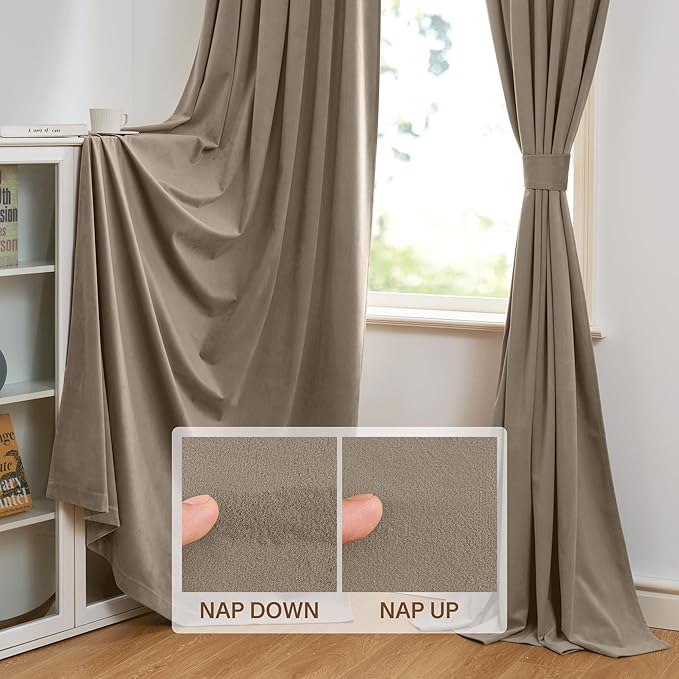 StangH 62 inches Wide Camel Beige Curtains Rod Pocket Velvet Room Darkening - Image 4