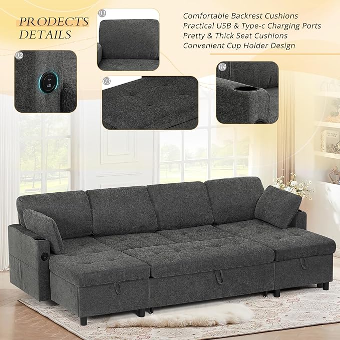 110" Fabric Pull-Out Couch Bed w/Adjustable Backrests, Sectional Sleeper Sofa - Image 4