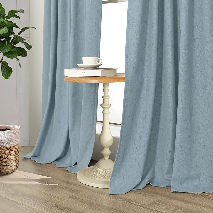 Slate Blue Curtains 108 Inches Long 2 Panel Burg 100% Blackout Boho Linen - Image 8