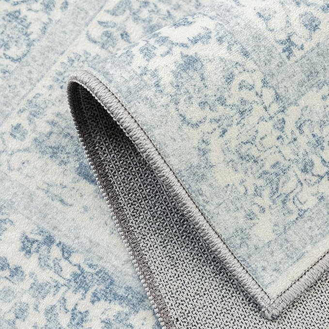 Blue Area Rug 5x8 Machine Washable Vintage Living Room Distressed Non Slip - Image 9