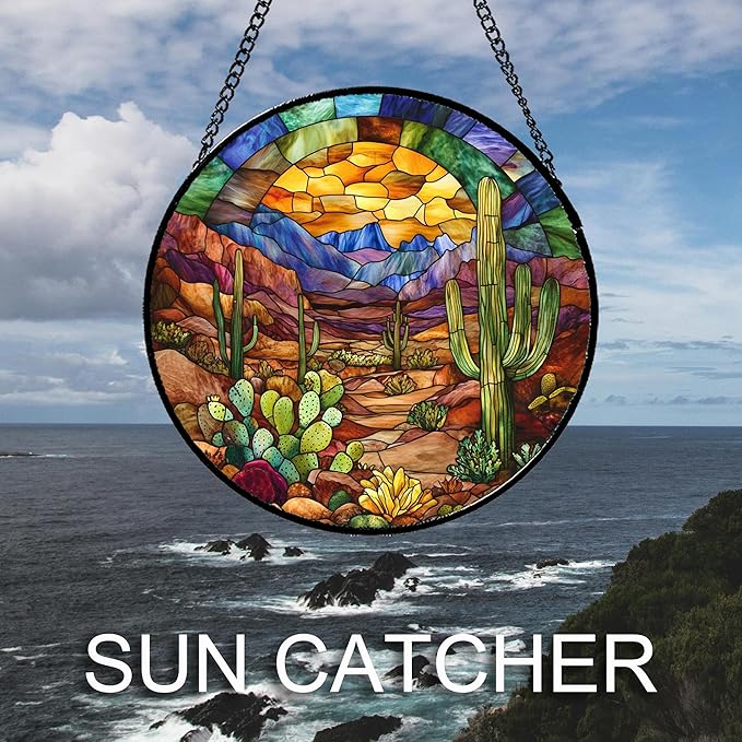 CRISGIF Stained Glass Window Hanging Cactus Mountains Landscape Large 11.8" - Image 6
