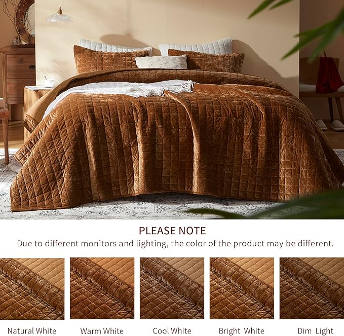LEAONME Velvet Quilt Oversized California King-120''x120'', Lightweight Caramel - Image 4