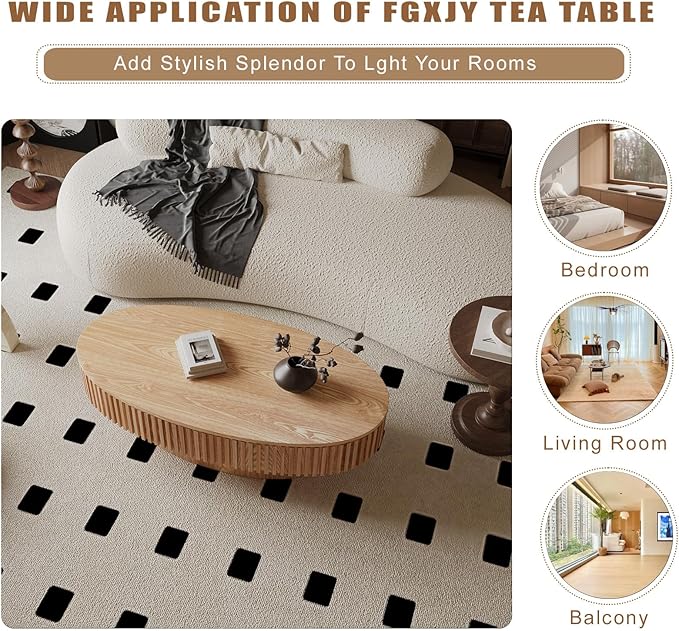 Oval Coffee Table with Storage, Modern Wooden Coffee Table with Solid Wood - Image 6