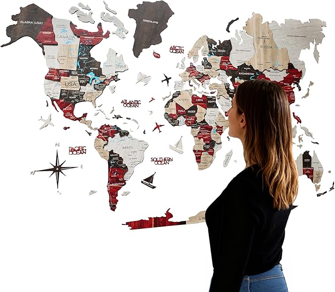 Handmade 3D Wood World Map Wall Art Large Wall Decor Track Your World Travels by Awesometik