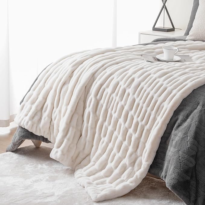 BATTILO HOME Cream Faux Fur Throw Blanket, Double Side Ruched Rabbit Fur Blanket - Image 8