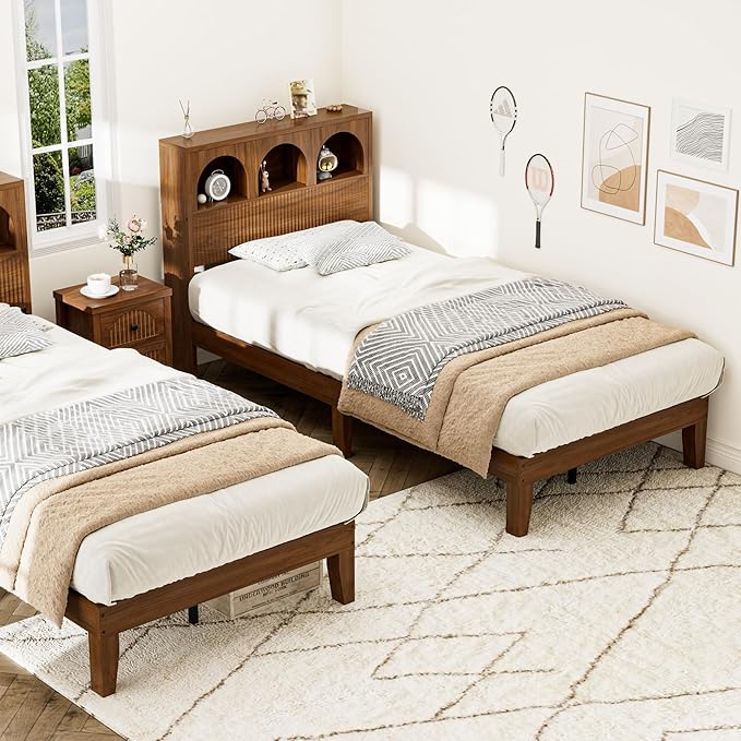 Twin Bed Frame with Wave Headboard, Wooden Headboard with 3 Arched Storage - Image 3