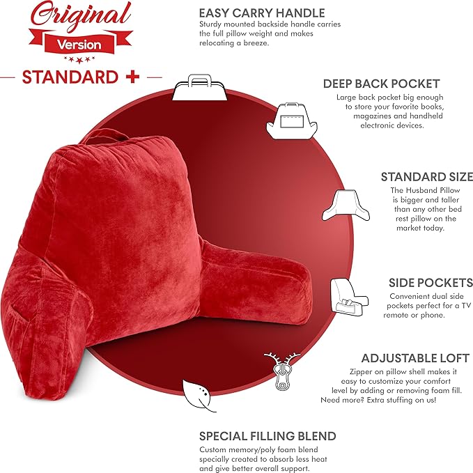 Husband Pillow Red, Original Reading Pillow in Bed Rest Chair, Shredded Memory - Image 4