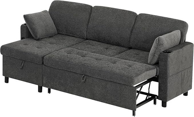 84" Fabric Pull Out Sofa Bed w/Adjustable Backrest, L-Shape Modern Sleeper Sofa - Image 9