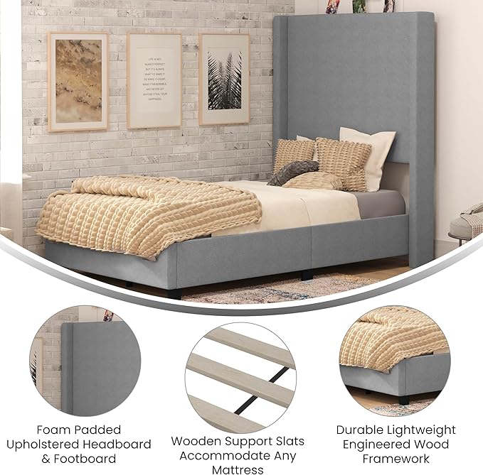 EMMA + OLIVER Nora Twin Size Faux Linen Upholstered Platform Bed - Image 5