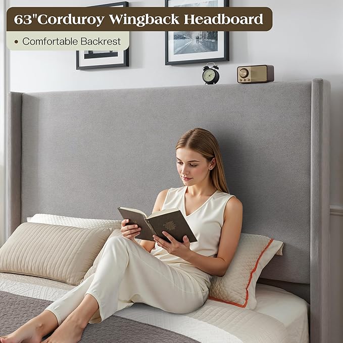 Queen Bed Frame with 63" Tall Headboard, Horizontal Fine Corduroy Bed Frame - Image 3