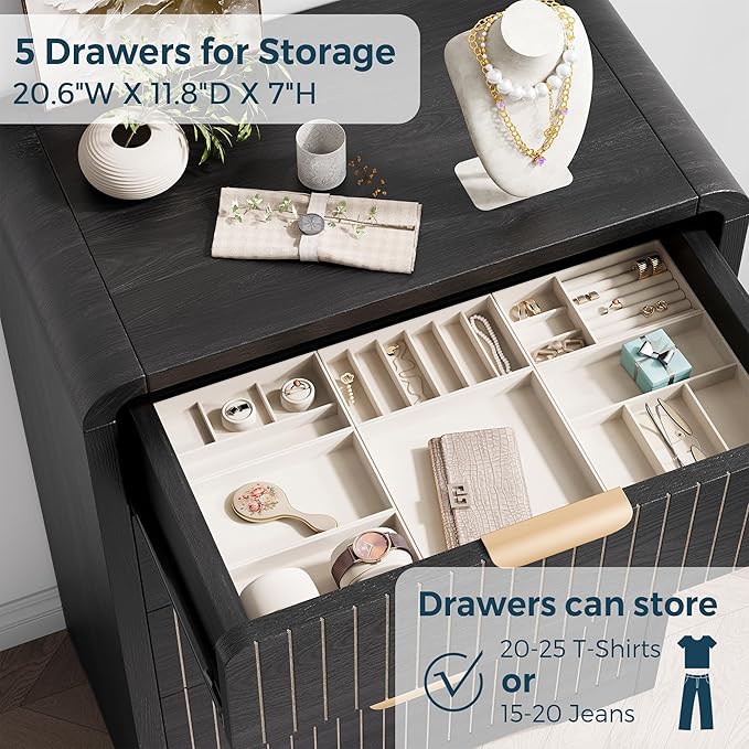 Fluted 5 Drawer Dresser for Bedroom, Wood Mid Century Vertical Dresser Natural - Image 5