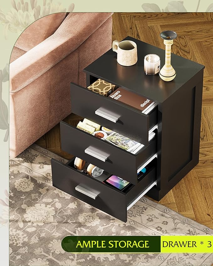 WLIVE Black Night Stand with 3 Drawers, Small Wooden Nightstand, Bed Side Table - Image 6