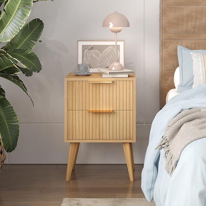 YAUKOMEL Fluted Nightstand, Small Bedside Table, Natural Wood Night Stand - Image 6