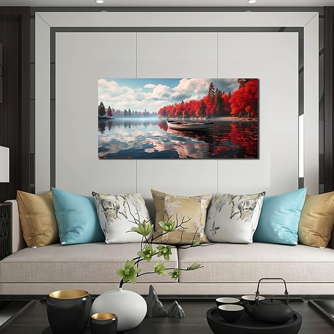 Large Wall Art for Living Room Bedroom Office Red Forest Wall Art Lake - Image 6