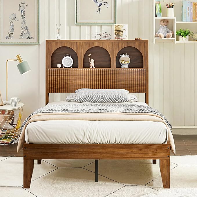 Twin Bed Frame with Wave Headboard, Wooden Headboard with 3 Arched Storage by Lxsxhome