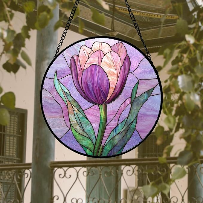 DASTOLL Stained Glass Window Hanging 4 Pcs Set Purple Flower Theme 6.3" - Image 3