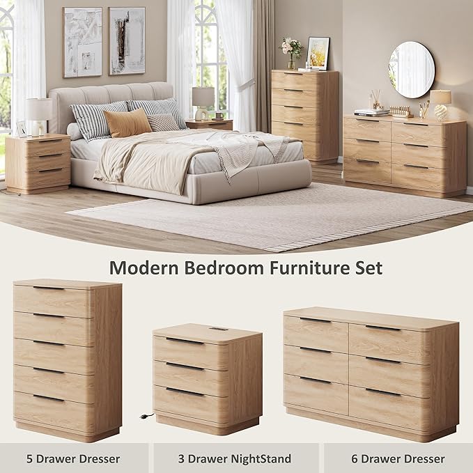 6 Drawer Dresser for Bedroom, Curved Profile Design, Wooden Oak Dresser Closet - Image 8