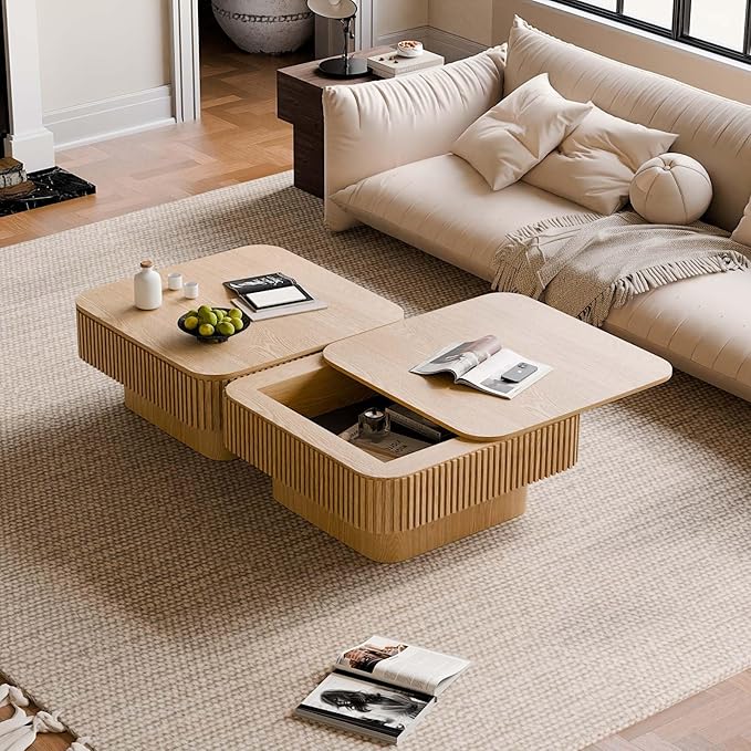 Square Small Coffee Table with Storage, Modern Wooden Coffee Table with Solid - Image 8