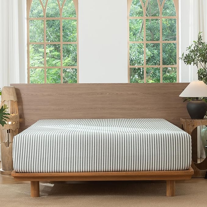 MooMee Striped Fitted Bottom Sheet Only 100% Washed Cotton Linen Like Textured - Image 2