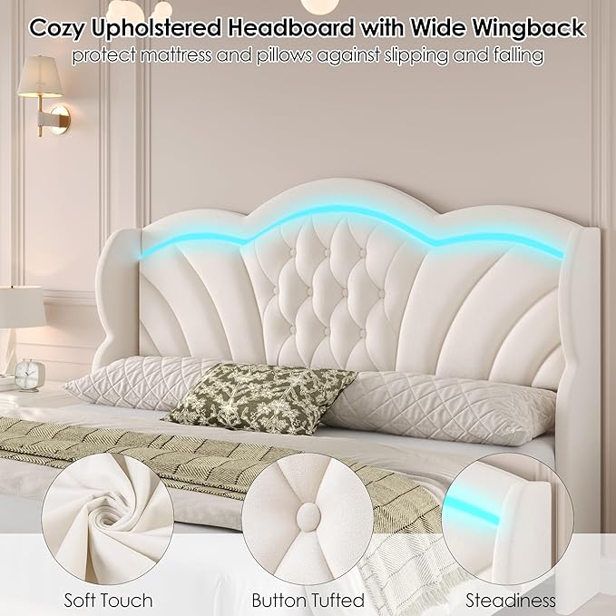 Keyluv King Bed Frame with LED Lights and 2 Storage Drawers, Velvet Upholstered - Image 8