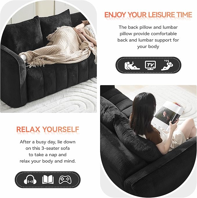 Corduroy Boneless Living Room Sets, Modern Upholstered 3 Seater Sofa - Image 5