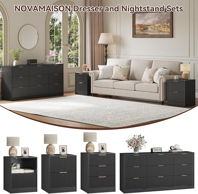 9 Drawer Dresser & Nightstand Set 3-Piece, 63” Wide Fluted Bedroom Dresser Set - Image 4