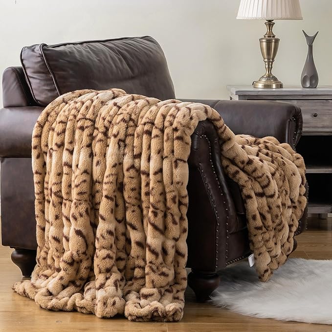 BATTILO HOME Luxury Ruched Faux Fur Throw Blanket Leopard Print, Double Side - Image 6