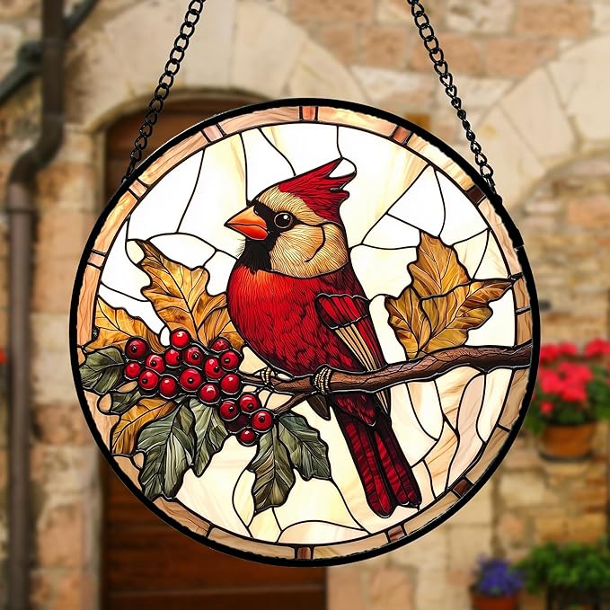 DASTOLL Stained Glass Window Hanging, Birds on a Branch Cardinal Sun Catchers - Image 4