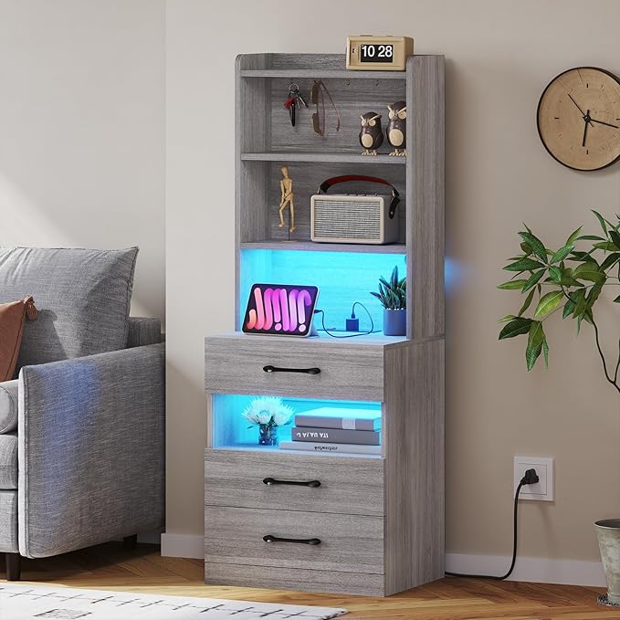 VIAGDO Tall Nightstand with Charging Station and LED Lights, Large Grey Night - Image 7