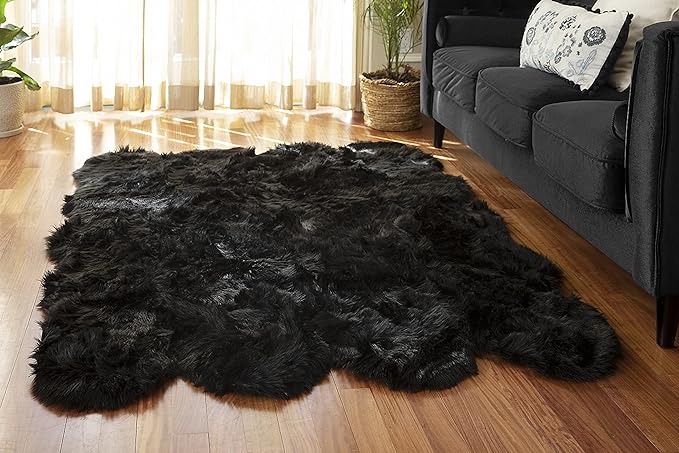 Silky Soft Faux Fur Rug, 5 ft. x 7 ft. Black Fluffy and Shaggy Sheepskin Area by WalkonMe