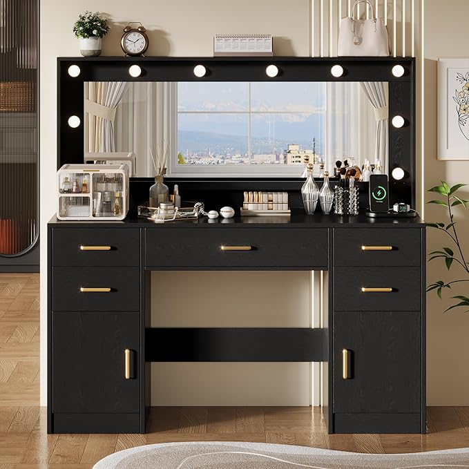 44.8" Large Vanity Desk with Lighted Mirror & Power Outlet, Dressing Table - Image 9