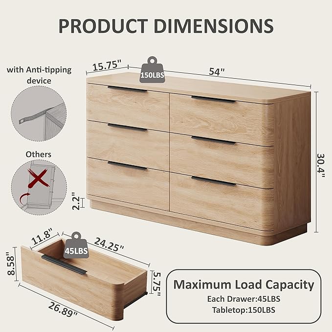 6 Drawer Dresser for Bedroom, Curved Profile Design, Wooden Oak Dresser Closet - Image 5