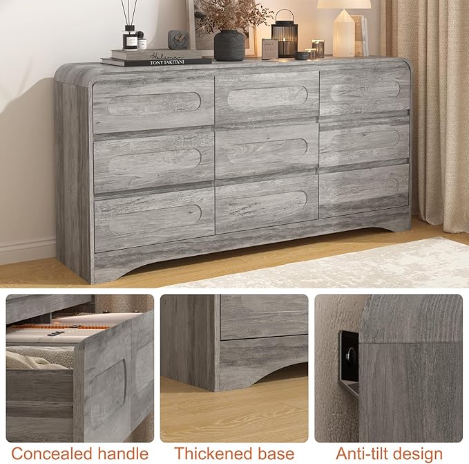Grey Dresser for Bedroom with 9 Drawers, Wood Closet Clothes Storage Long - Image 6