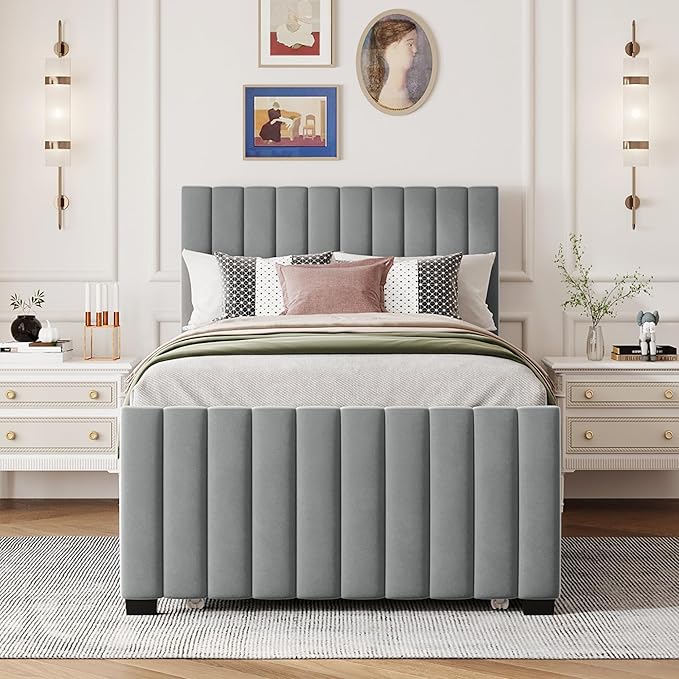 Twin Bed Frame with Trundle Bed, Velvet Upholstered Bed Frame, Twin Size - Image 3