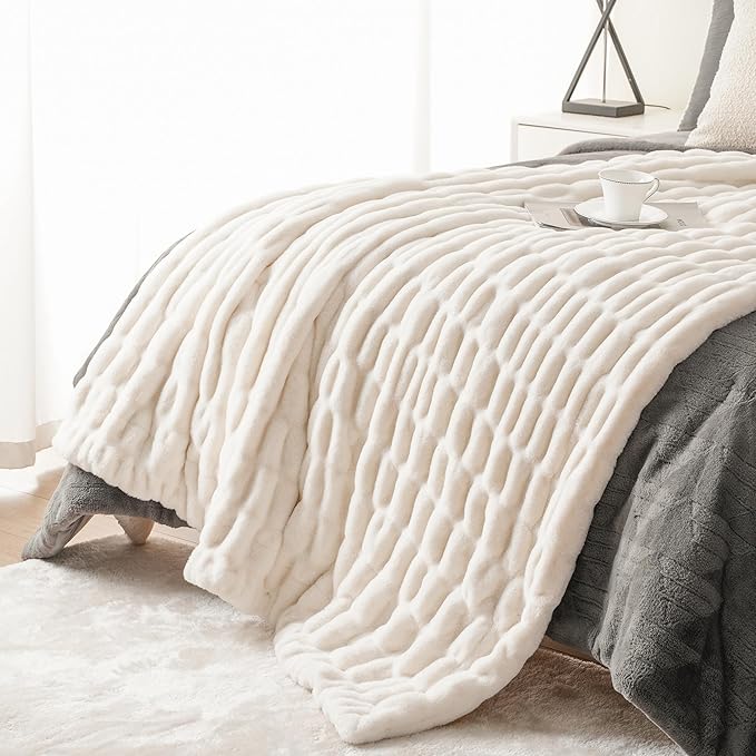 BATTILO HOME Cream Faux Fur Throw Blanket - Image 8