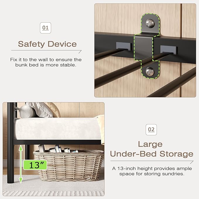 VECELO Bunk Bed Twin Over Twin, Metal Bunkbeds - Image 4