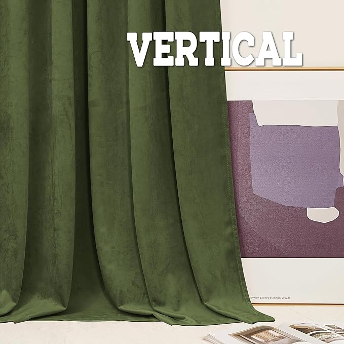 RYB HOME Olive Green Velvet Curtains 102 inches, Back Tab Soft Fabric Room - Image 6