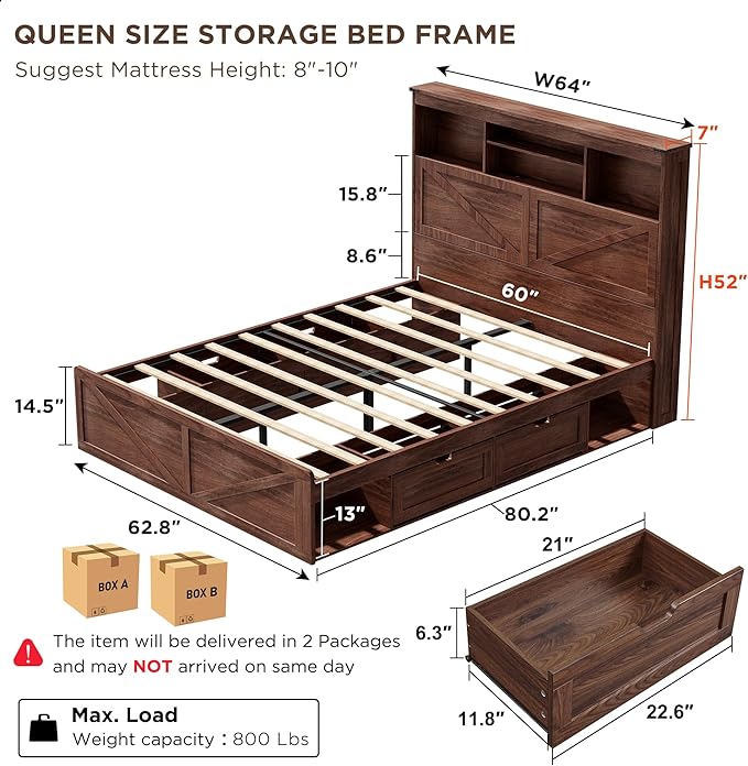 ACCOHOHO Queen Bed Frame with 52" Tall Headboard and 4 Drawers, LED Light - Image 2