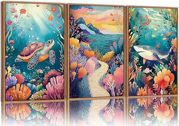 YeeHomedec Large Watercolor Ocean Themed Framed Canvas Wall Art, Sea Turtle by Unknown