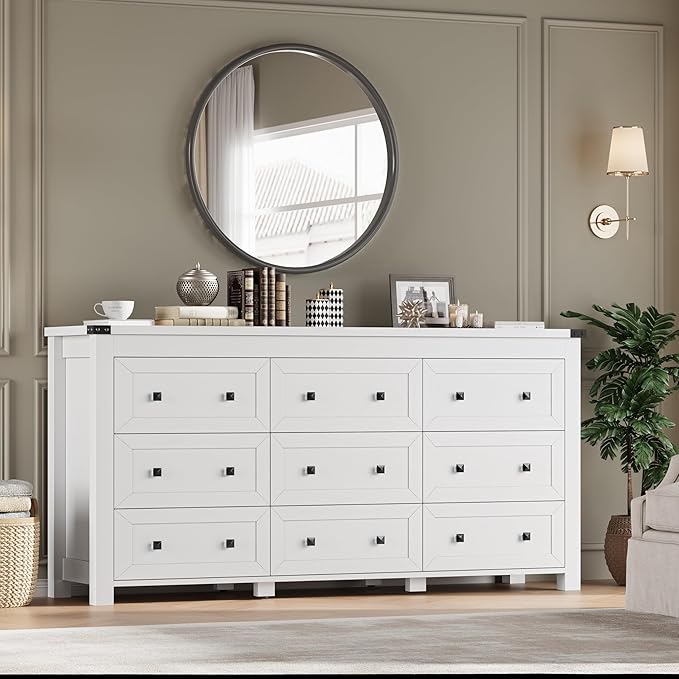 BORNOON 9-Drawer Dresser, Modern Wooden Storage Chest of Drawers, Dresser TV - Image 6