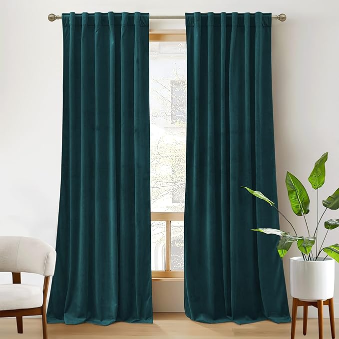 RYB HOME Teal Velvet Curtains 100 inches, Back Tab Soft Fabric Room Darkening by RYBHOME