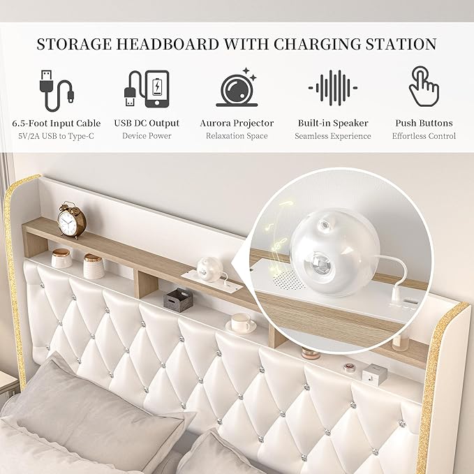 Queen LED Bed Frame with 2 Storage Drawers, PU Upholstered Platform Beds with - Image 5