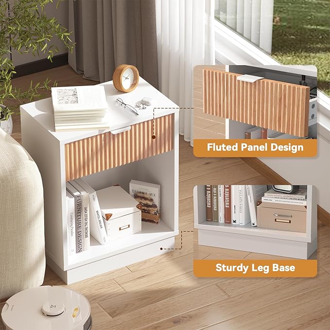 CMFYDAILY Fluted Night Stand Set 2, Large Wood Bedside Table Set of 2 - Image 5